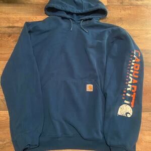 Mens blue carhartt work outdoors pullover hoodie
